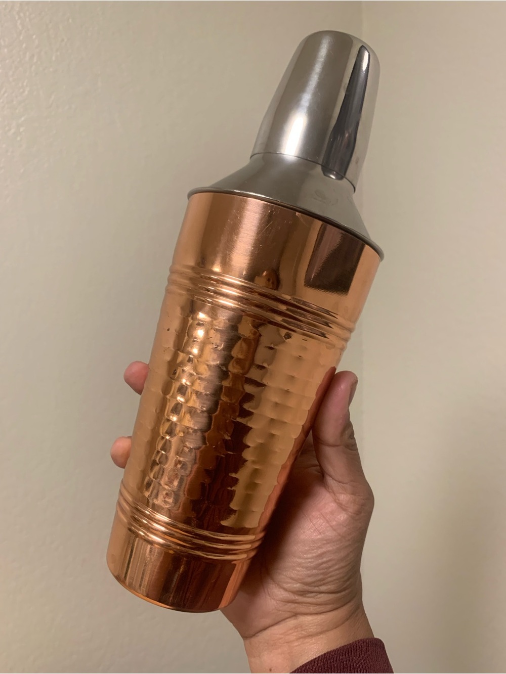 Copper-Tone Hammered Cocktail Shaker with Silver Top